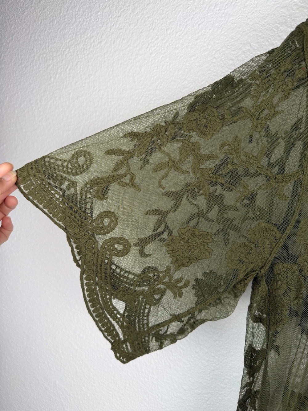 NWT Adiva Olive Green Sheer Embroidered floral Lace Kimono open-front Sz Large - Picture 5 of 11